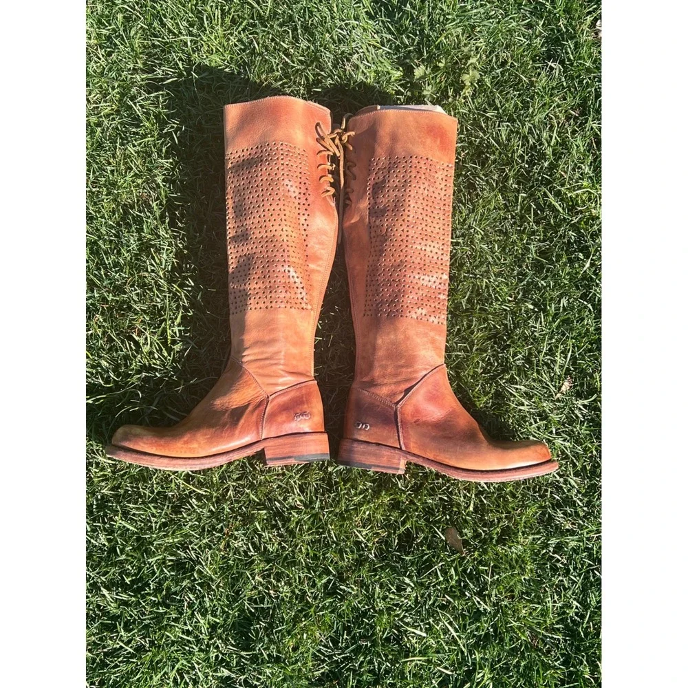 BED STU Tan Leather Knee High Boots Sz 7 Cutout‎ Laced Side Goodyear Welt Women